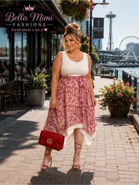 NWT Floral Asymmetrical midi white trim Skirt midi dress 3X 🌹 RARE  BG 07